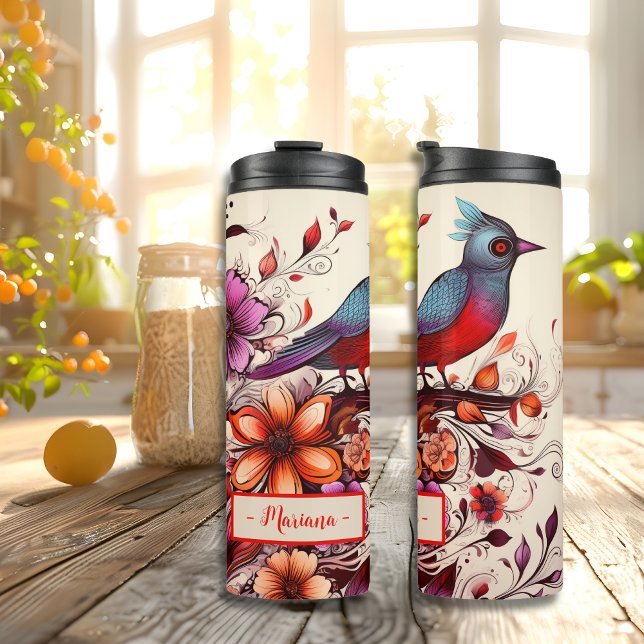 Termo Ave Rojo y nombre floral personalizado Summer (Gorgeous Red bird and floral custom name Summer Thermal Tumbler)