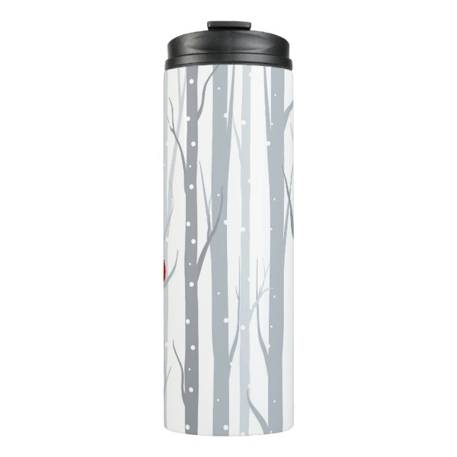 Termo Aves de invierno: Árboles grises, aves rojas (Anverso)