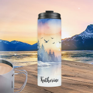 Termo Aves del lago en invierno al amanecer en acuarela