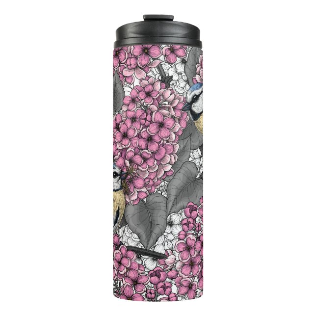Termo Aves en un jardín de lilas rosadas (Anverso)