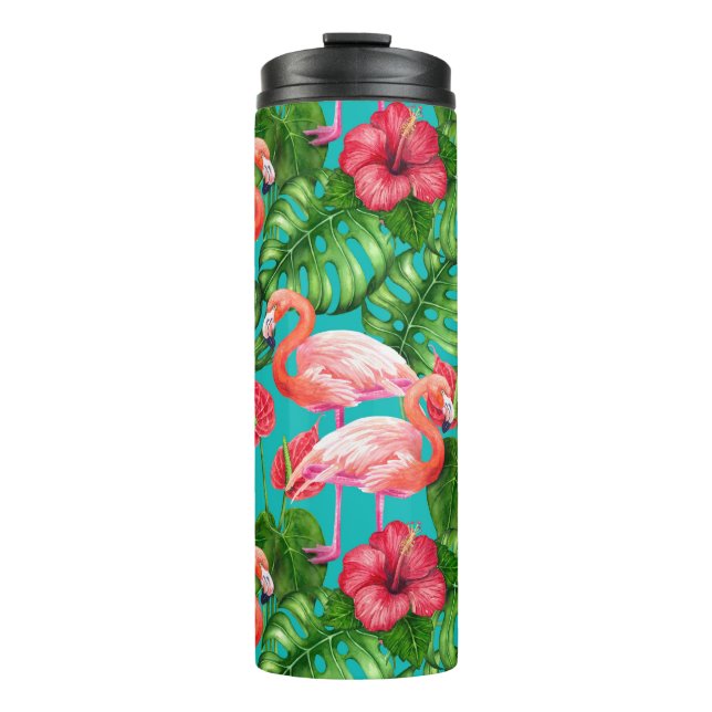 Termo Aves flamencas y acuarela de jardín tropical (Anverso)