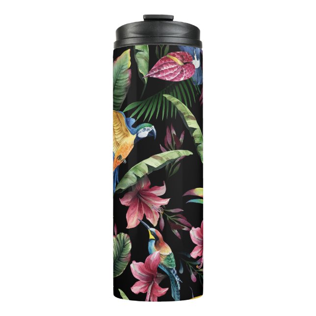 Termo Aves tropicales, flores: patrón de acuarela. (Anverso)