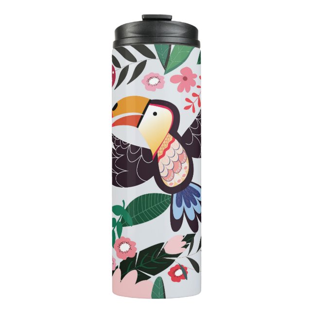 Termo Aves tropicales, patrón de doodle floral. (Anverso)