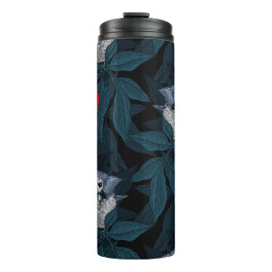 Termo Aves y flores de peón rojo con hojas azules