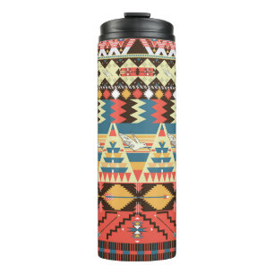 Termo Azteca colorida: pájaros, patrón de flores.