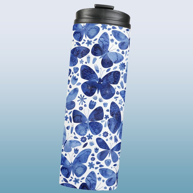 Termo Azul de agua de mariposas (Blue watercolor butterfly pattern thermal tumbler water bottle)