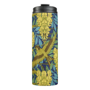 Termo Azul Marino Antiguo Pájaro y Patrón Floral Amarill