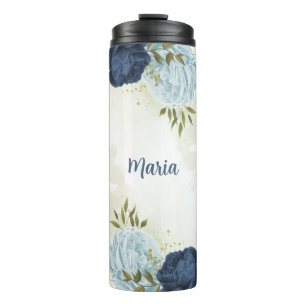 Termo azul marino polvoriento floral verde 