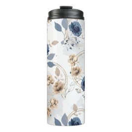 Termo Azul Marino y Floral Acuarela Dorada Elegante