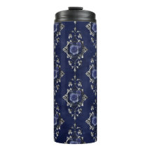 Azul Marino y Plateado Damero Floral Vintage Grung