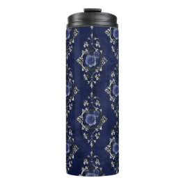 Termo Azul Marino y Plateado Damero Floral Vintage Grung