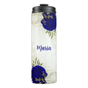 Termo azul real blanco floral follaje