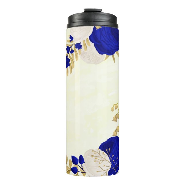 Termo azul real y flores blancas botánico dorado (Anverso)