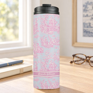 Termo Azul vintage rosa estampado toile de jouy