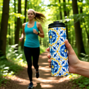 Termo 💛 💙 Azul y amarillo, acuarela floral Azulejos