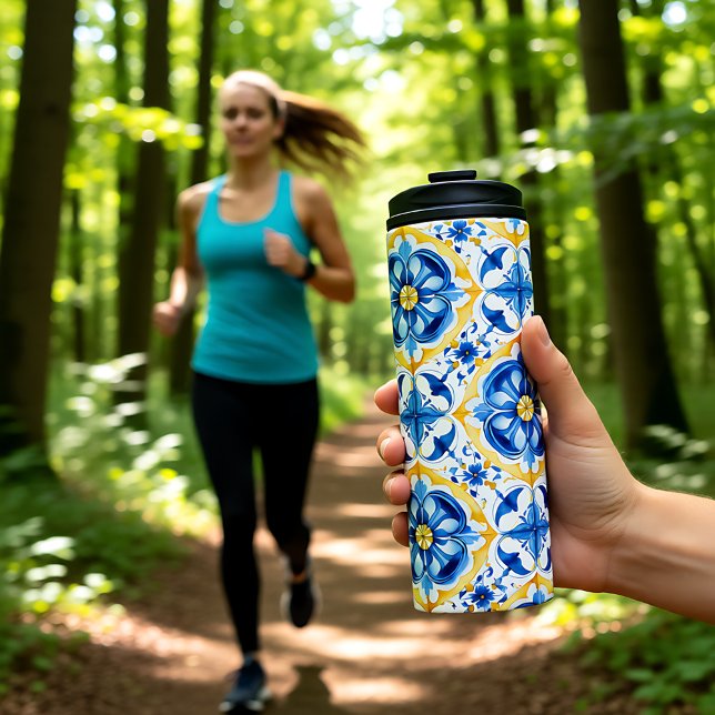 Termo 💛 💙 Azul y amarillo, acuarela floral Azulejos (💛💙 Blue and yellow, watercolor floral Azulejos Thermal Tumbler)