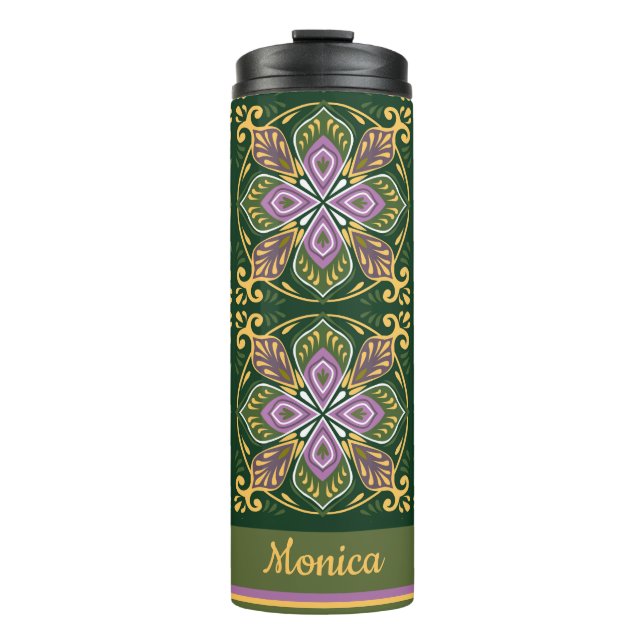 Termo Azulejos de oliva y lavanda con nombre (Anverso)