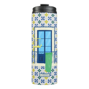 Termo Azulejos portugueses y balcón de ventana con pájar