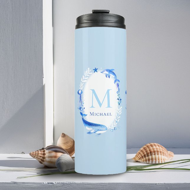 Termo Bajo el mar Animales Nautical Beach Gift Personali (beach house tumbler personalized monogram sea animals whale dolphin blue nautical ocean grandchild )