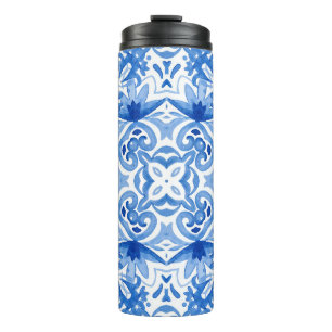 Termo Baldosa azul blanca, acuarela sin costura.