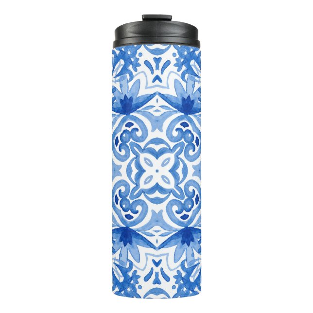 Termo Baldosa azul blanca, acuarela sin costura. (Anverso)