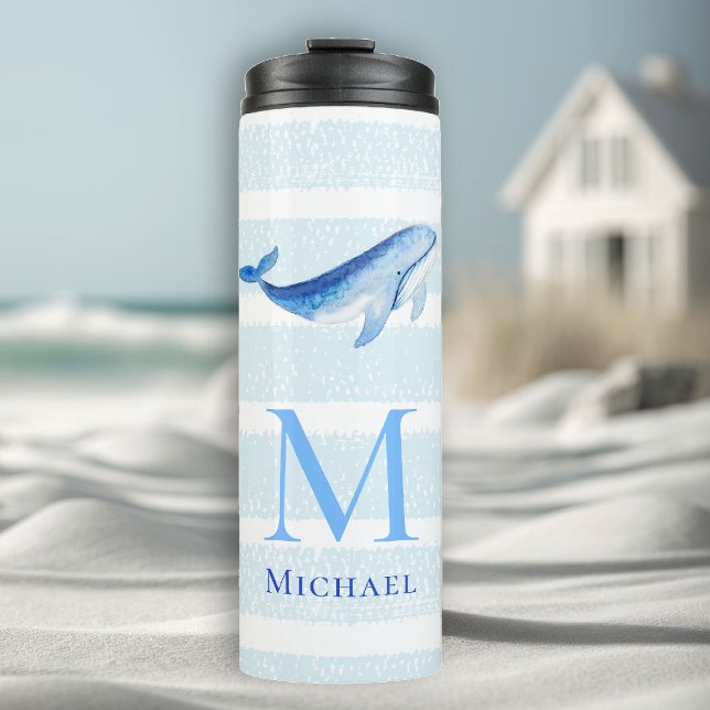 Termo Ballena Monograma Playa Banda Náutica (boy tumbler personalized monogram whale sea blue stripes nautical ocean grandchild baby gift)