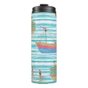 Termo Bandas De Barco: Patrón De Pintura De Acuarela.