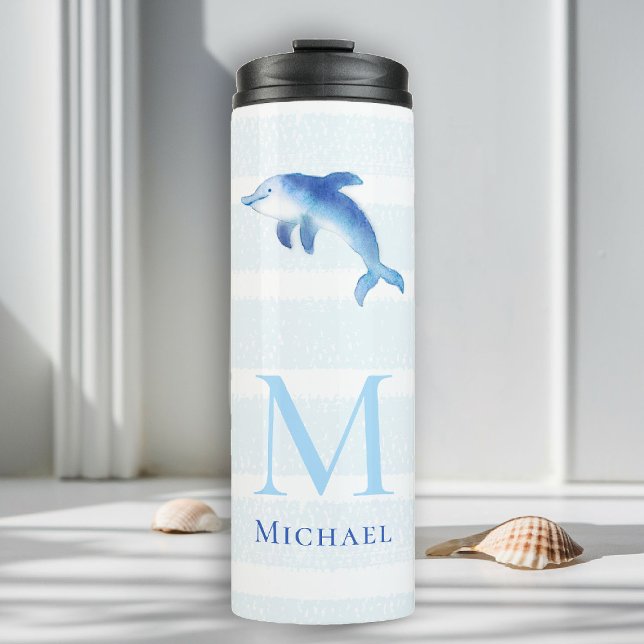 Termo Bandas delfines Monograma Playa Náutica (beach house tumbler personalized monogram dolphin sea blue stripes nautical ocean grandchild oy gift)