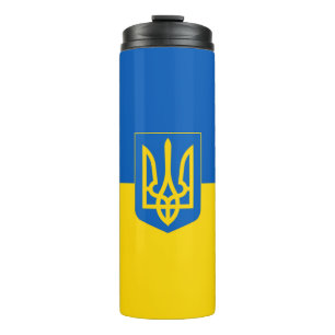 Termo Bandera de Ucrania. Escudo de Armas. Apoyamos a Uc