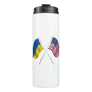 Termo bandera estadounidense y bandera ucraniana