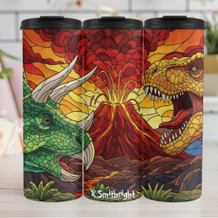 Termo Batalla de dinosaurios de vidrio emplomado en un v