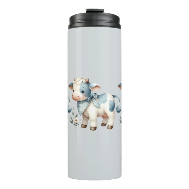Termo Bebé Vaca de Cuadros Azules Estética Pastel de Gra (Anverso)