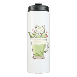 Termo Bebida de Matcha con Boba de Gato Adorable Diseño