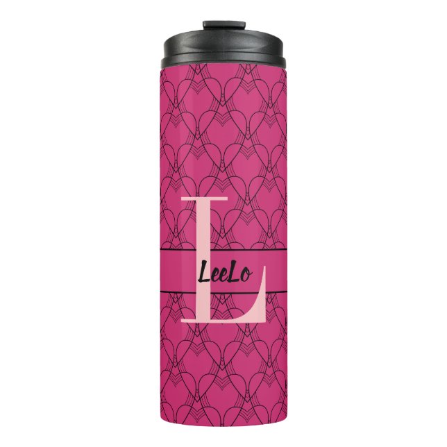 Termo Beet Purple & Pink Hearts Monograma y Nombre (Anverso)