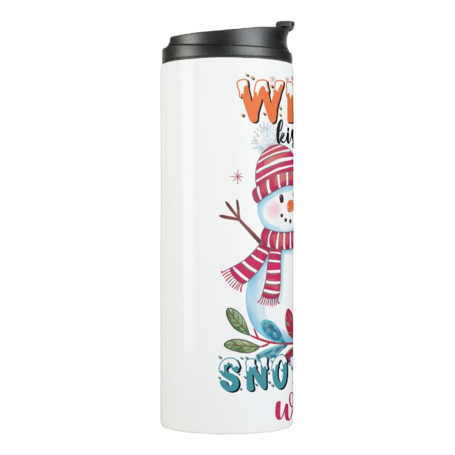 Termo Besos de invierno y deseos de copas de nieve (Rotado hacia la izquierda)