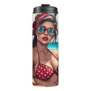 Termo Bikini rojo, gafas de sol y mujer andana