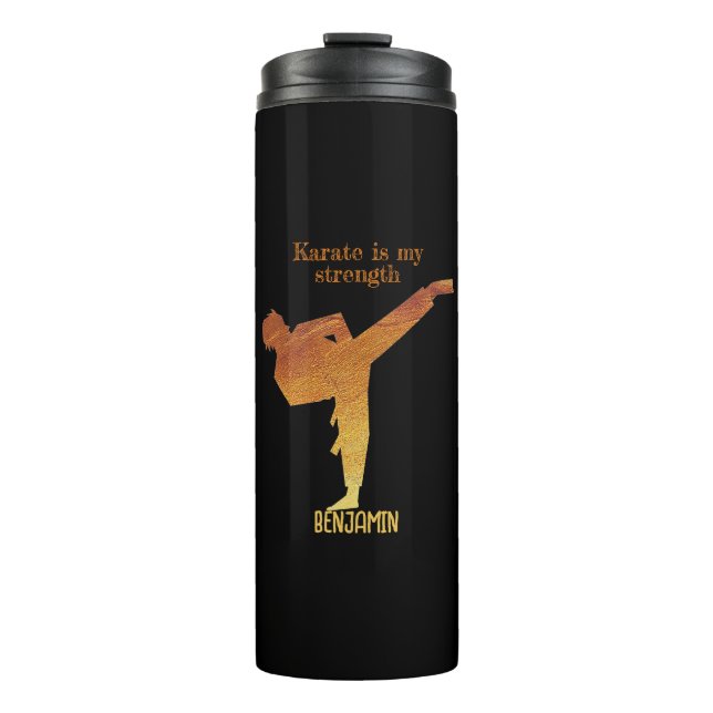 Termo Black Gold japonés karate silueta nombre moderno (Anverso)