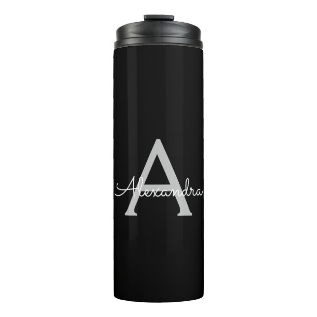 Termo Black Silver Modern Script Girly Monograma Nombre (Anverso)