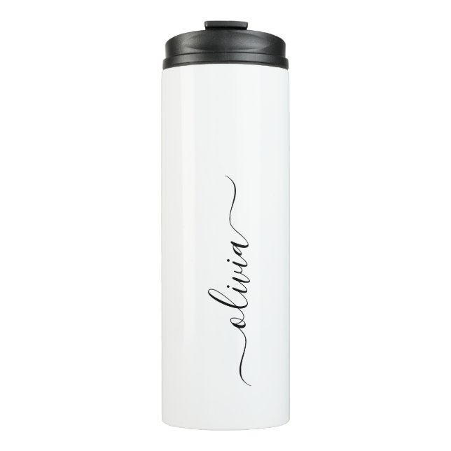 Termo Black White Modern Script Girly Monograma Nombre (Anverso)