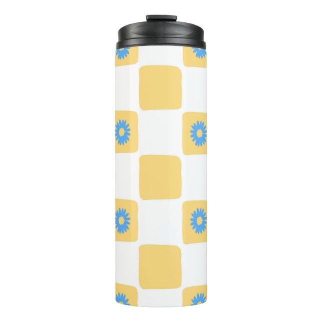 Termo Blanco Amarillo Ajetreado Con Patrón De Flor Azul (Anverso)