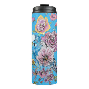 Termo Blue Budgie Budgerigar Rosa acuarela Arte floral
