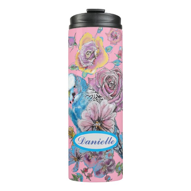 Termo Blue Budgie Budgerigar Rosa acuarela Floral arte (Anverso)