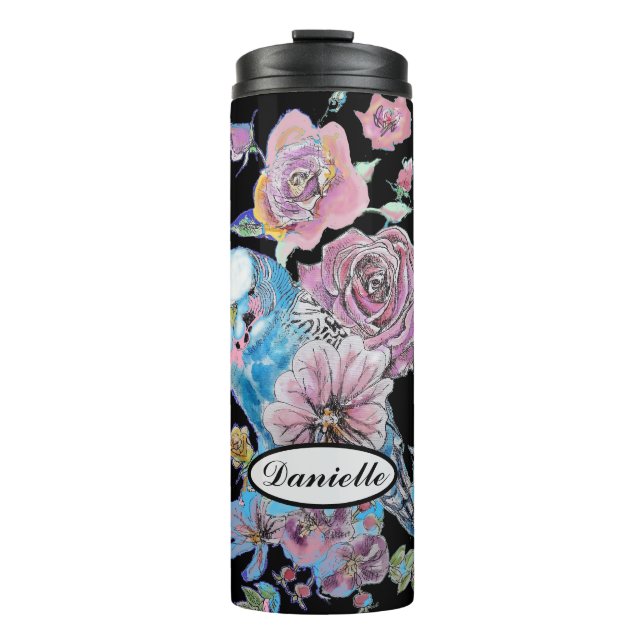 Termo Blue Budgie Budgerigar Rosa acuarela Floral arte (Anverso)