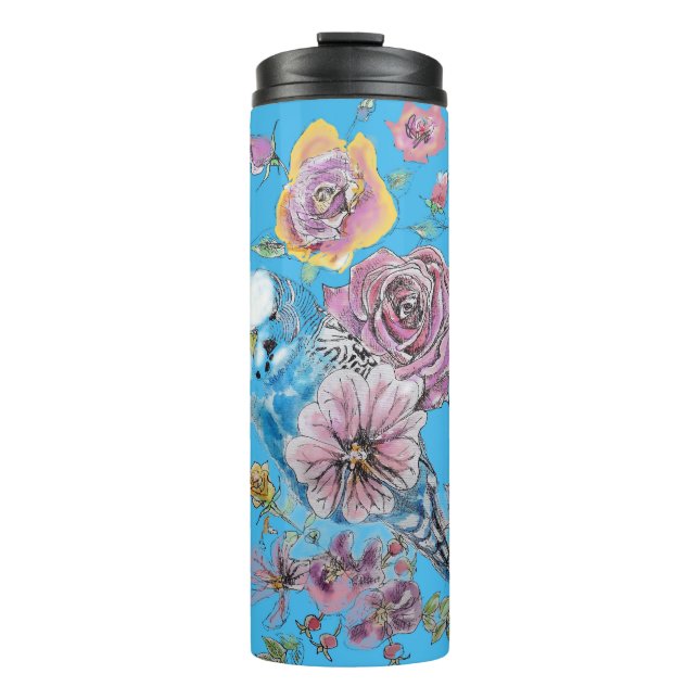Termo Blue Budgie Budgerigar Rosa acuarela Floral arte (Anverso)