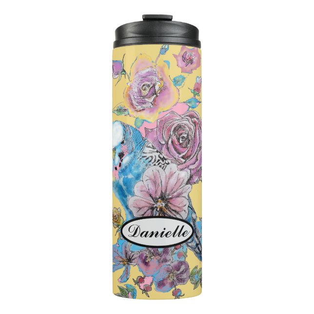 Termo Blue Budgie Budgerigar Rosa acuarela Floral arte (Anverso)