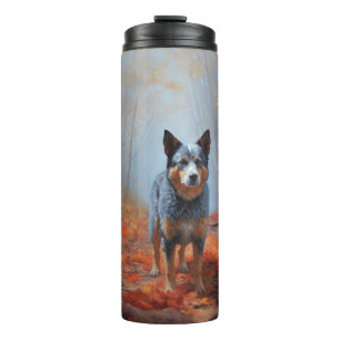 Termo Blue Heeler en hojas de otoño caídas inspiran