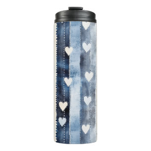 Termo Blue White Denim Hearts Stripes Cumpleaños