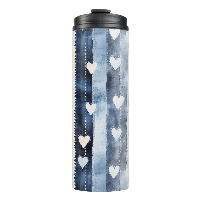 Termo Blue White Denim Hearts Stripes Cumpleaños (Anverso)