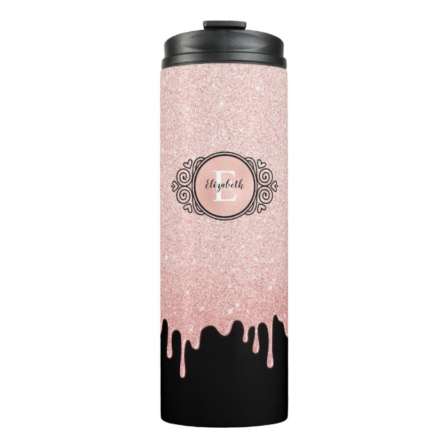 Termo Blush Rosa Monograma de Nombre con Brillo que Gote (Anverso)