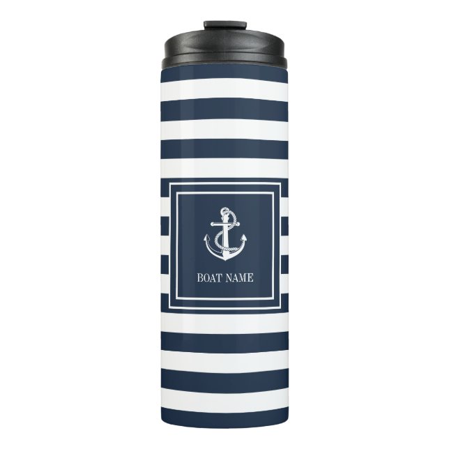 Termo Boat Name Navy Blue Stripe Nautical Anchor (Anverso)